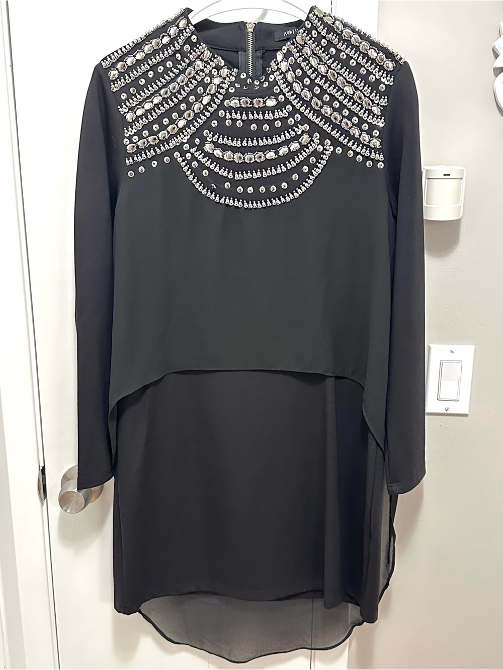 Aofuli Silver Studs Beaded Hi Low Long Slv Black Tunic Mini Dress XXL Part Sheer